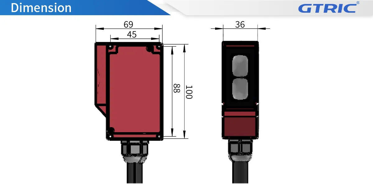 IP67 Protected Retroreflective Photoelectric SensorIP67-Dimensions
